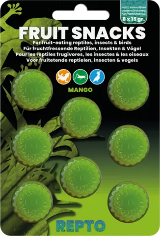 REPTO | FRUIT SNACKS MANGO | Gyümölcsös kiegészítő eledel, mangó ízű, madár, rovar és hüllők számára - 8x15 g